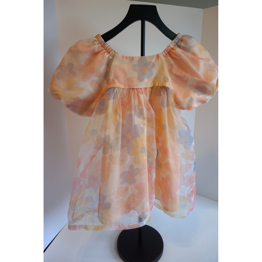 Cat & Jack Girls 5T Floral Organza Puff Sleeve Dress Orange Watercolor Baby Doll